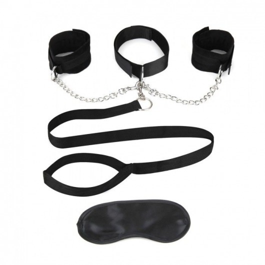 Чёрный ошейник с наручниками и поводком Collar Cuffs   Leash Set - Lux Fetish - купить с доставкой в Тюмени