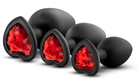 Набор черных анальных пробок с красным кристаллом-сердечком Bling Plugs Training Kit - Blush Novelties - купить с доставкой в Тюмени