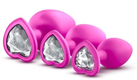 Набор розовых анальных пробок с прозрачным кристаллом-сердечком Bling Plugs Training Kit - Blush Novelties - купить с доставкой в Тюмени