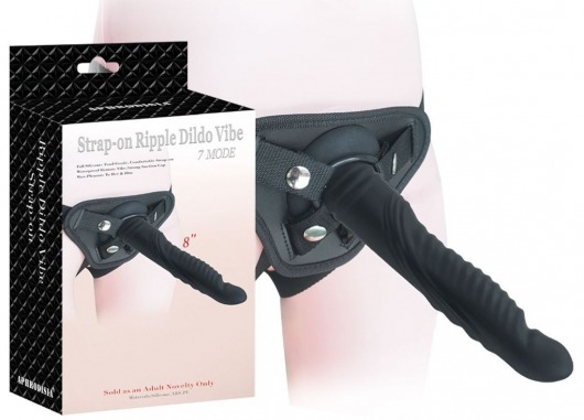 Черный страпон 8 inch Strap-on Ripple Dildo Vibe - 21 см. - Howells - купить с доставкой в Тюмени