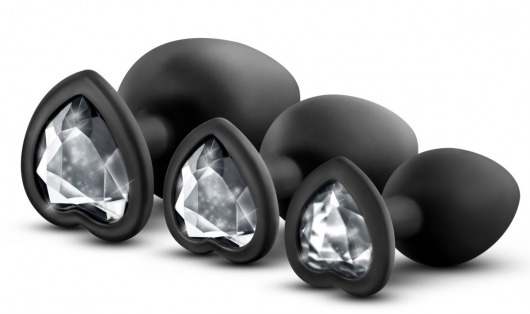 Набор из 3 черных пробок с прозрачным кристаллом-сердечком Bling Plugs Training Kit - Blush Novelties - купить с доставкой в Тюмени