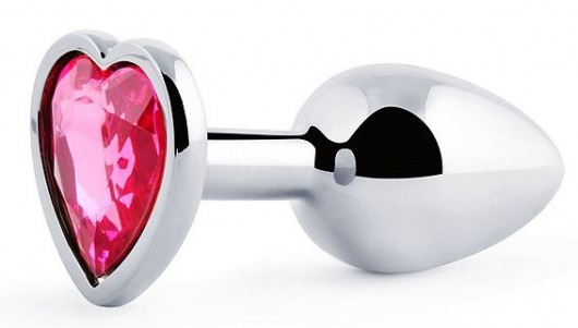 Серебристая анальная пробка с розовым кристаллом-сердечком - 7 см. - Anal Jewelry Plug - купить с доставкой в Тюмени