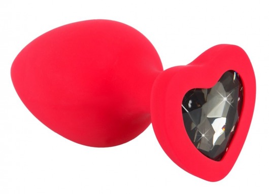 Красная силиконовая анальная пробка с черным стразом-сердечком - 9,3 см. - Orion - купить с доставкой в Тюмени