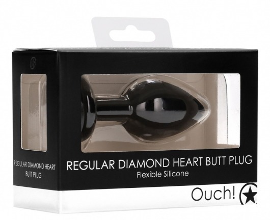 Черная анальная пробка с прозрачным стразом Diamond Heart Butt Plug - 7,3 см. - Shots Media BV - купить с доставкой в Тюмени