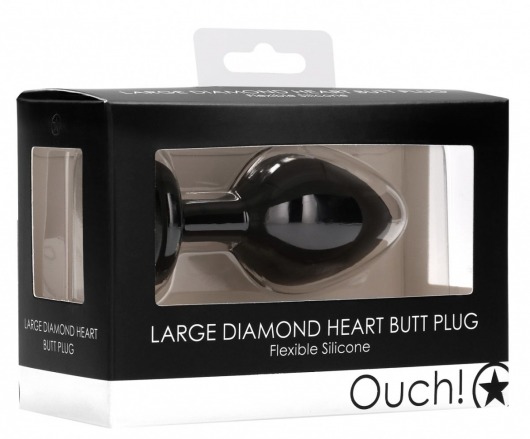 Черная анальная пробка с прозрачным стразом Large Ribbed Diamond Heart Plug - 8 см. - Shots Media BV - купить с доставкой в Тюмени