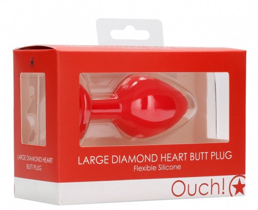 Красная анальная пробка с прозрачным стразом Large Ribbed Diamond Heart Plug - 8 см. - Shots Media BV - купить с доставкой в Тюмени