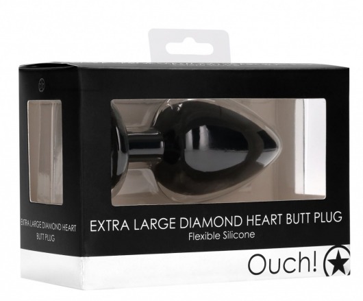 Черная анальная пробка с прозрачным стразом Extra Large Diamond Heart Butt Plug - 9,5 см. - Shots Media BV - купить с доставкой в Тюмени