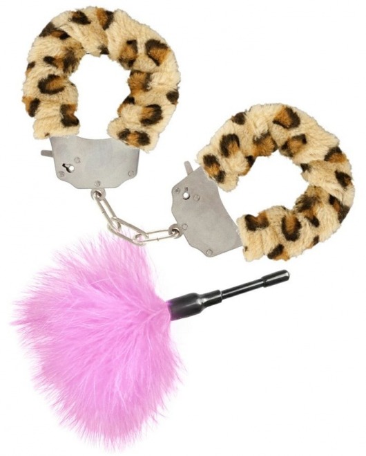Эротический набор: леопардовые наручники и розовая пуховка - Toy Joy - купить с доставкой в Тюмени