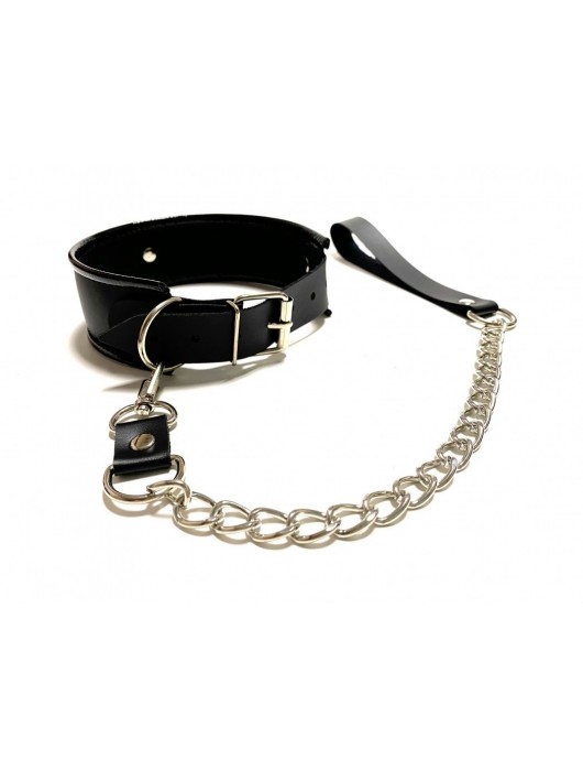 Черный ошейник с поводком из эко-кожи - БДСМ Арсенал - купить с доставкой в Тюмени
