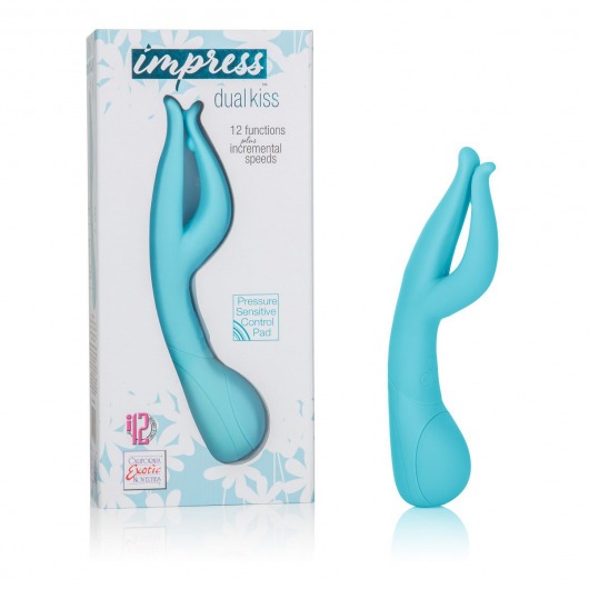 Голубой вибромассажер Impress Dual Kiss со стимуляцией клитора - 15 см. - California Exotic Novelties