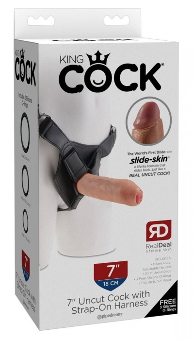 Страпон с телесной насадкой 7  Uncut with Strap on Harness - 18 см. - Pipedream - купить с доставкой в Тюмени