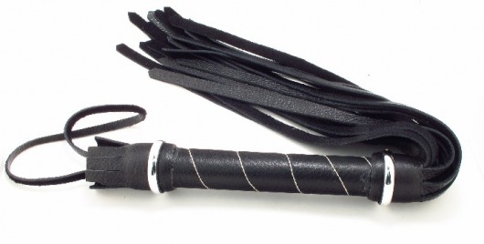 Чёрная кожаная плётка с белой строчкой на рукояти - БДСМ Арсенал - купить с доставкой в Тюмени