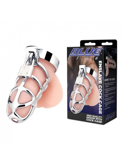 Серебристая металлическая клетка для члена с замком Enslave Cock Cage - BlueLine - купить с доставкой в Тюмени