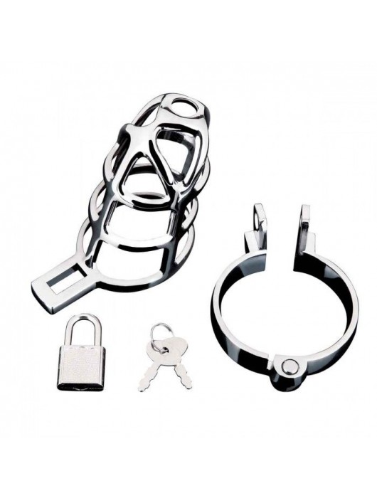 Серебристая металлическая клетка для члена с замком Enslave Cock Cage - BlueLine - купить с доставкой в Тюмени