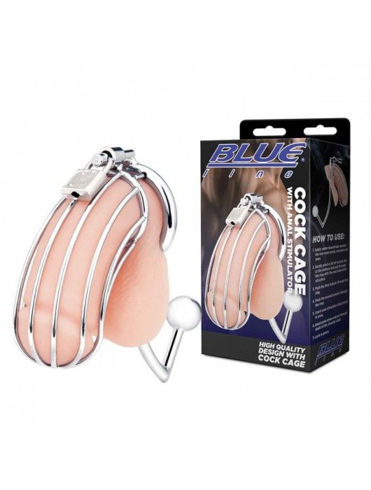 Серебристая металлическая клетка с анальным стимулятором Cock Cage - BlueLine - купить с доставкой в Тюмени
