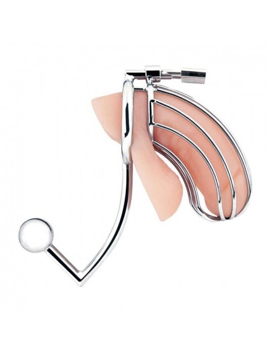 Серебристая металлическая клетка с анальным стимулятором Cock Cage - BlueLine - купить с доставкой в Тюмени