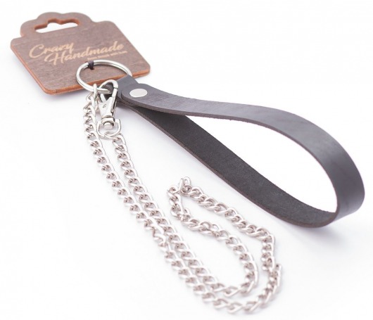Серебристый металлический поводок с кожаной черной ручкой - 80 см. - Crazy Handmade - купить с доставкой в Тюмени