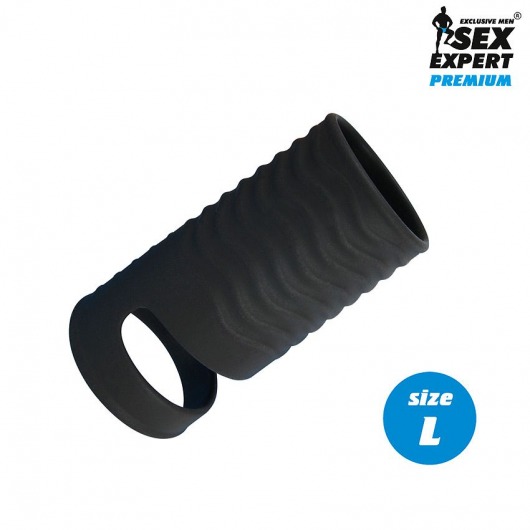 Черная открытая насадка на пенис с кольцом для мошонки L-size - 8,5 см. - Sex Expert - в Тюмени купить с доставкой