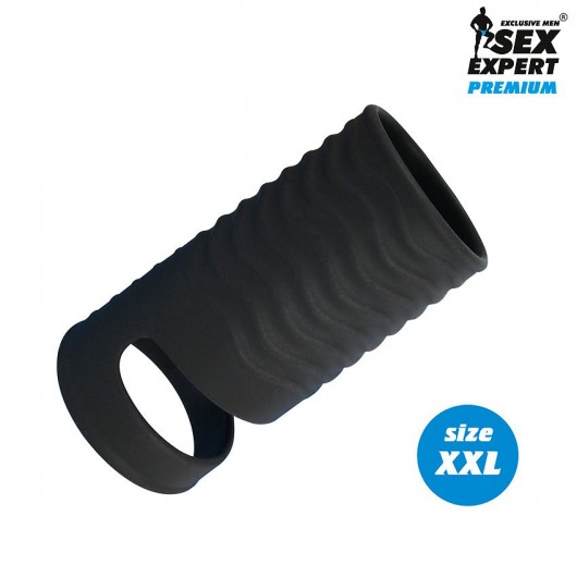 Черная открытая насадка на пенис с кольцом для мошонки XXL-size - 9,4 см. - Sex Expert - в Тюмени купить с доставкой
