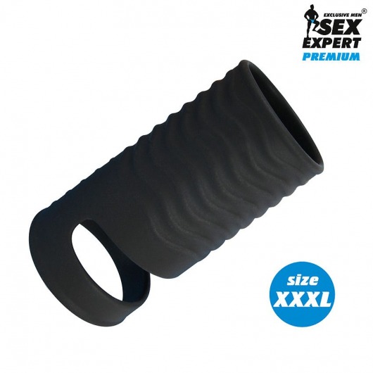 Черная открытая насадка на пенис с кольцом для мошонки XXXL-size - 9,9 см. - Sex Expert - в Тюмени купить с доставкой