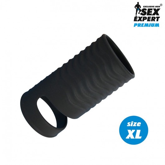 Черная открытая насадка на пенис с кольцом для мошонки XL-size - 8,9 см. - Sex Expert - в Тюмени купить с доставкой