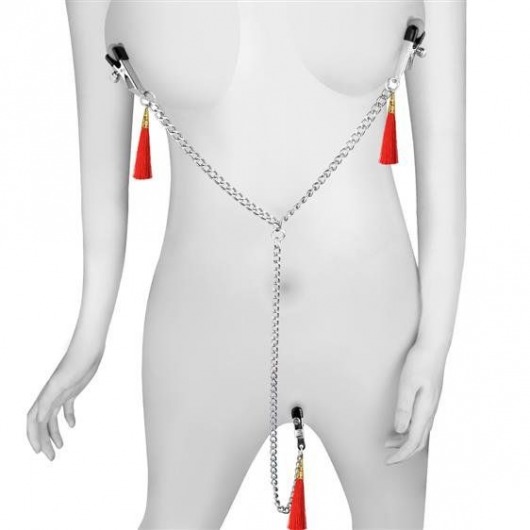 Зажимы на соски и клитор с игривыми красными кисточками Nipple Clit Tassel Clamp With Chain - Lovetoy - купить с доставкой в Тюмени