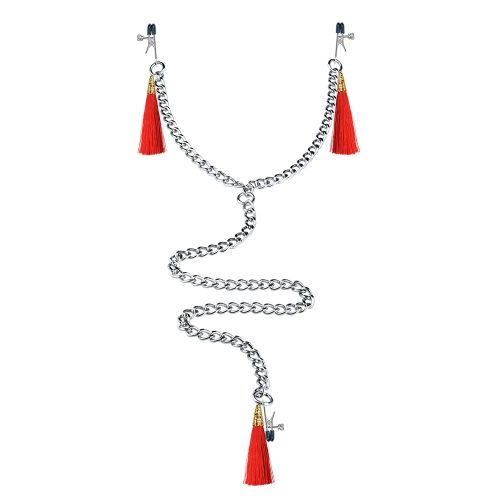 Зажимы на соски и клитор с игривыми красными кисточками Nipple Clit Tassel Clamp With Chain - Lovetoy - купить с доставкой в Тюмени