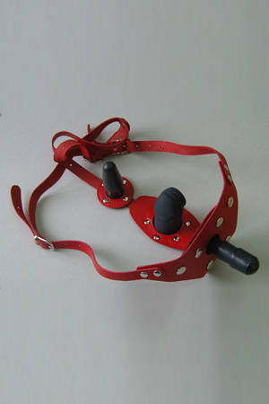 Красные кожаные трусики со штырьком и двумя съёмными стимуляторами - Sitabella - купить с доставкой в Тюмени