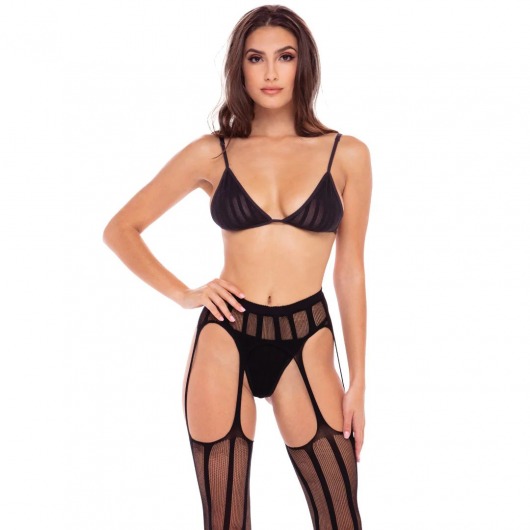 Эротический комплект 3 Piece Sheer Striped Bra Thong   Garter Belt Set - Rene Rofe купить с доставкой