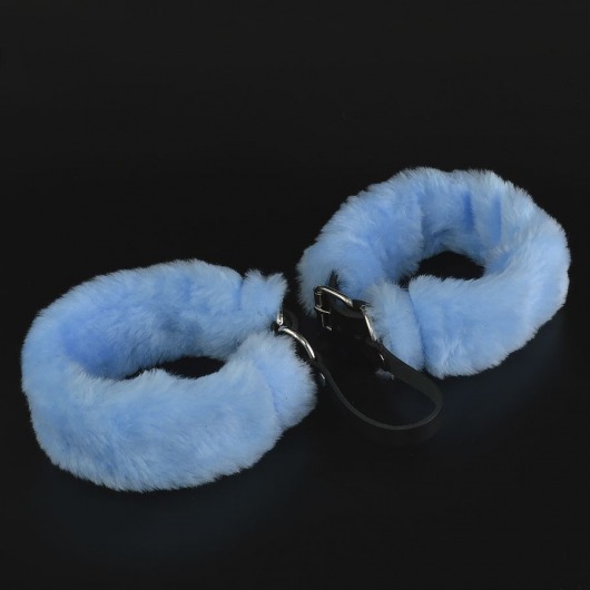 Черные кожаные оковы со съемной голубой опушкой - Sitabella - купить с доставкой в Тюмени