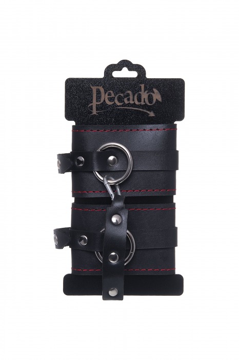 Черные кожаные однослойные оковы с контрастной строчкой - Pecado - купить с доставкой в Тюмени