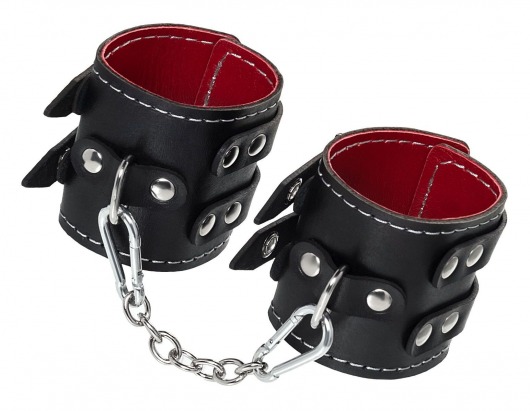 Черные кожаные наручники с двумя ремнями и красной подкладкой - Pecado - купить с доставкой в Тюмени