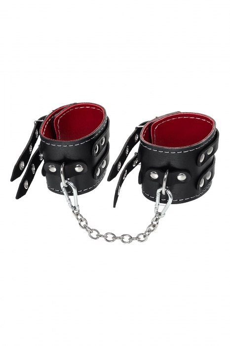 Черные кожаные оковы с двумя ремнями и красной подкладкой - Pecado - купить с доставкой в Тюмени