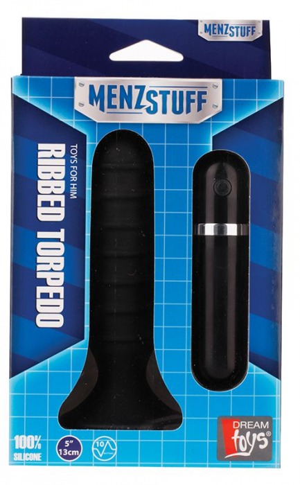 Чёрный вибромассажер для анальной стимуляции MENZSTUFF RIBBED TORPEDO - 13 см. - Dream Toys