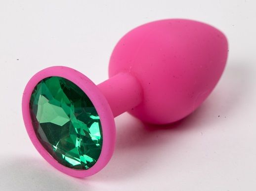 Розовая силиконовая пробка с зеленым кристаллом - 7,1 см. - 4sexdreaM - купить с доставкой в Тюмени