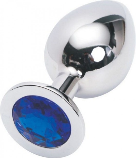 Серебряная металлическая анальная пробка среднего размера с синим стразиком - 8,2 см. - 4sexdreaM - купить с доставкой в Тюмени