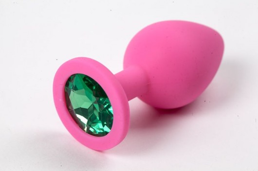 Розовая силиконовая анальная пробка с зеленым стразом - 8,2 см. - 4sexdreaM - купить с доставкой в Тюмени
