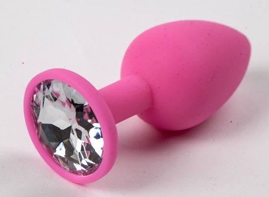 Розовая силиконовая анальная пробка с прозрачным стразом - 7,1 см. - 4sexdreaM - купить с доставкой в Тюмени