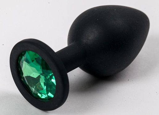 Черная силиконовая анальная пробка с зеленым стразом - 8,2 см. - 4sexdreaM - купить с доставкой в Тюмени