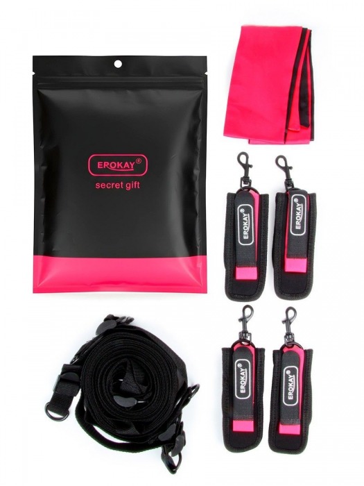 Черно-розовый эротический набор: фиксатор, оковы, наручники, повязка - Erokay - купить с доставкой в Тюмени