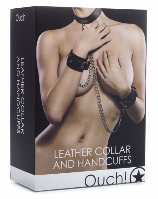 Чёрный комплект для бондажа Leather Collar and Handcuffs - Shots Media BV - купить с доставкой в Тюмени