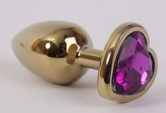 Золотистая анальная пробка с фиолетовым стразиком-сердечком - 7,5 см. - 4sexdreaM - купить с доставкой в Тюмени