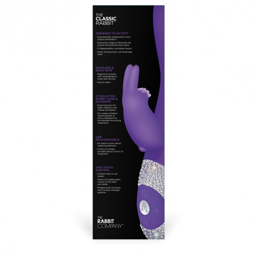 Фиолетовый вибромассажёр с клиторальным отростком и отделанной стразами рукоятью The Classic Rabbit - 22 см. - The Rabbit Company