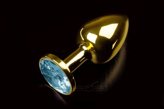 Маленькая золотистая анальная пробка с круглым кончиком и голубым кристаллом - 7 см. - Пикантные штучки - купить с доставкой в Тюмени