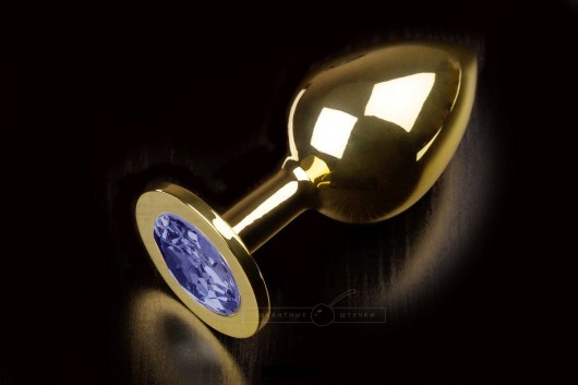 Большая золотая анальная пробка с закругленным кончиком и синим кристаллом - 9 см. - Пикантные штучки - купить с доставкой в Тюмени