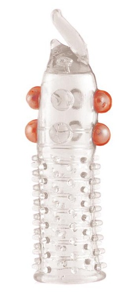 Гелевая прозрачная насадка с шариками, шипами и усиком - 11 см. - Toyfa Basic - в Тюмени купить с доставкой