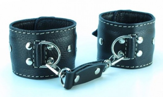 Чёрные кожаные наручники с крупной строчкой - БДСМ Арсенал - купить с доставкой в Тюмени