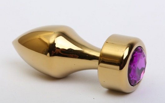 Золотистая анальная пробка с широким основанием и фиолетовым кристаллом - 7,8 см. - 4sexdreaM - купить с доставкой в Тюмени