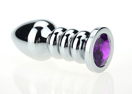 Серебристая фигурная анальная пробка с фиолетовым кристаллом - 10,3 см. - 4sexdreaM - купить с доставкой в Тюмени