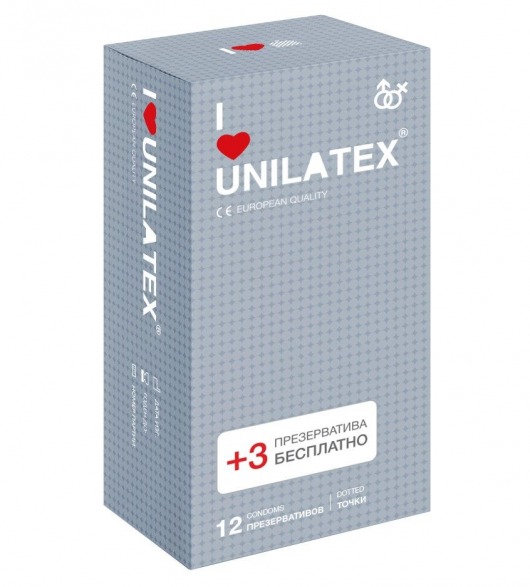 Презервативы с точками Unilatex Dotted - 12 шт. + 3 шт. в подарок - Unilatex - купить с доставкой в Тюмени